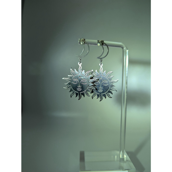 Celestial Sun and Moon Earrings, Stainless Steel Dangle Stud Earrings - Picture 14 of 15
